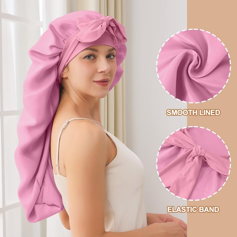 Supaze Long Satin Bonnet For Sleeping, Satin Lined Braid Bonnet With Elastic Band, Adjustable Long Strap Bonnets For Women Braids(Rose Pink) showercap - Image 2